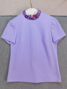 VTG Susan Thomas Women's S Cap Sleeve Pattern Collar Short Sleeve Purple Shirt